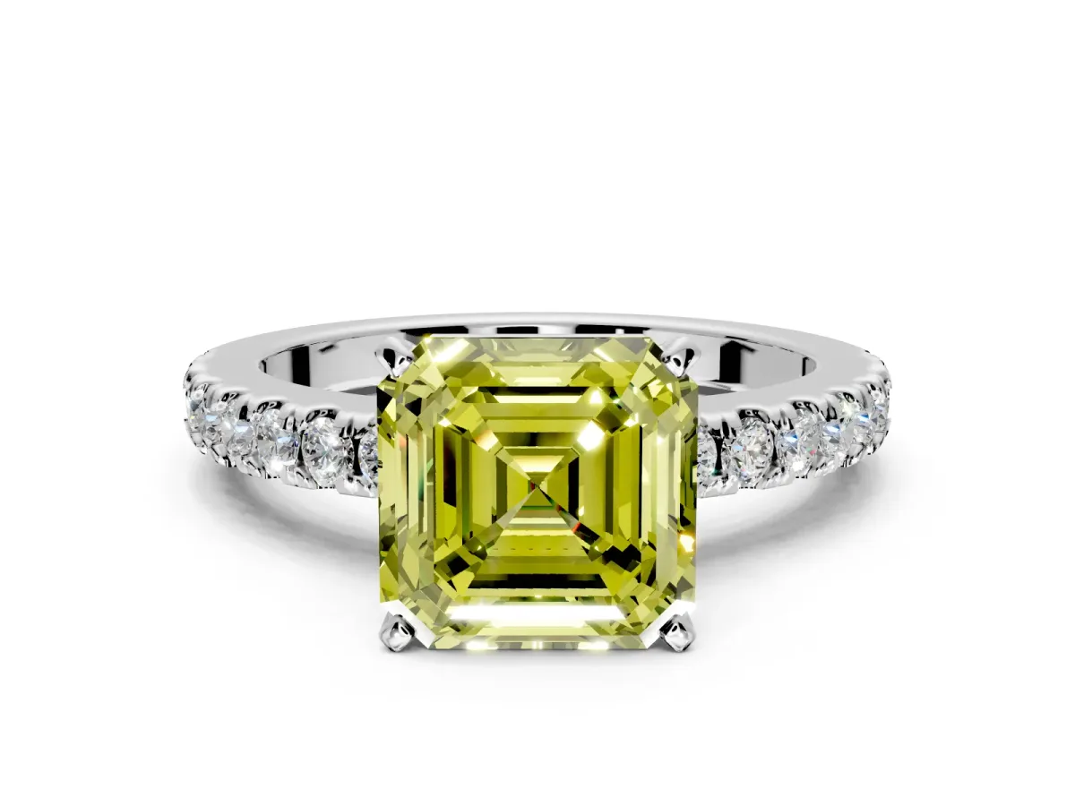 Solitaire Engagement Ring Setting for Fancy Yellow Asscher Cut Center with Single Row Accent Band and Prong Head in Platinum
