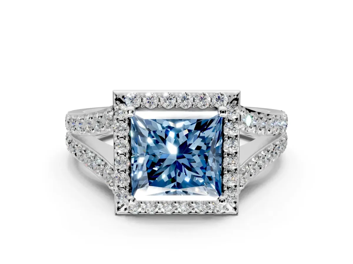 Halo Engagement Ring Setting for Fancy Blue Princess Cut Center with Narrow Pave Split Shank and Prong Head in Platinum