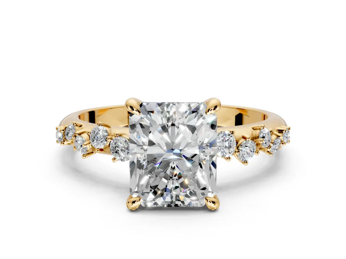 Solitaire Engagement Ring Setting for Radiant Cut Center with Trailing Leaf Accent Band and Prong Head in Yellow Gold