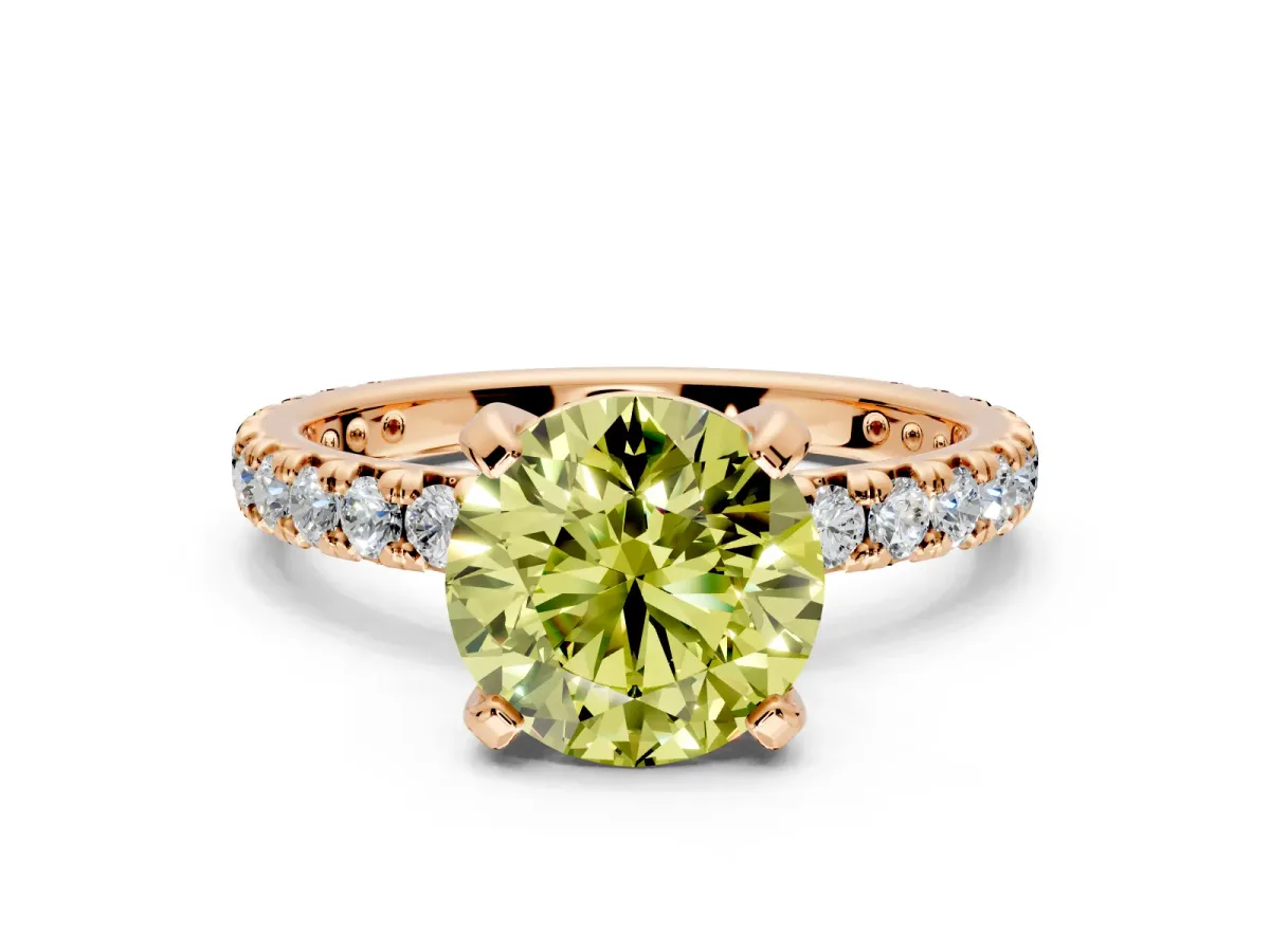 Solitaire Engagement Ring Setting for Fancy Yellow Round Cut Center with Shared-Prong Accents and Prong Head in Rose Gold
