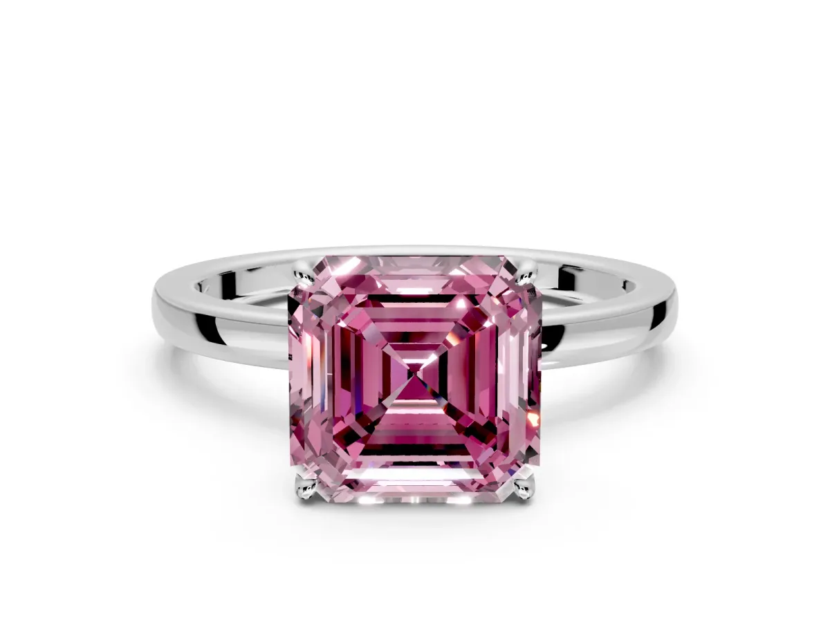 Solitaire Engagement Ring Setting for Fancy Pink Asscher Cut Center with Thin Rounded Plain Band and Prong Head in White Gold