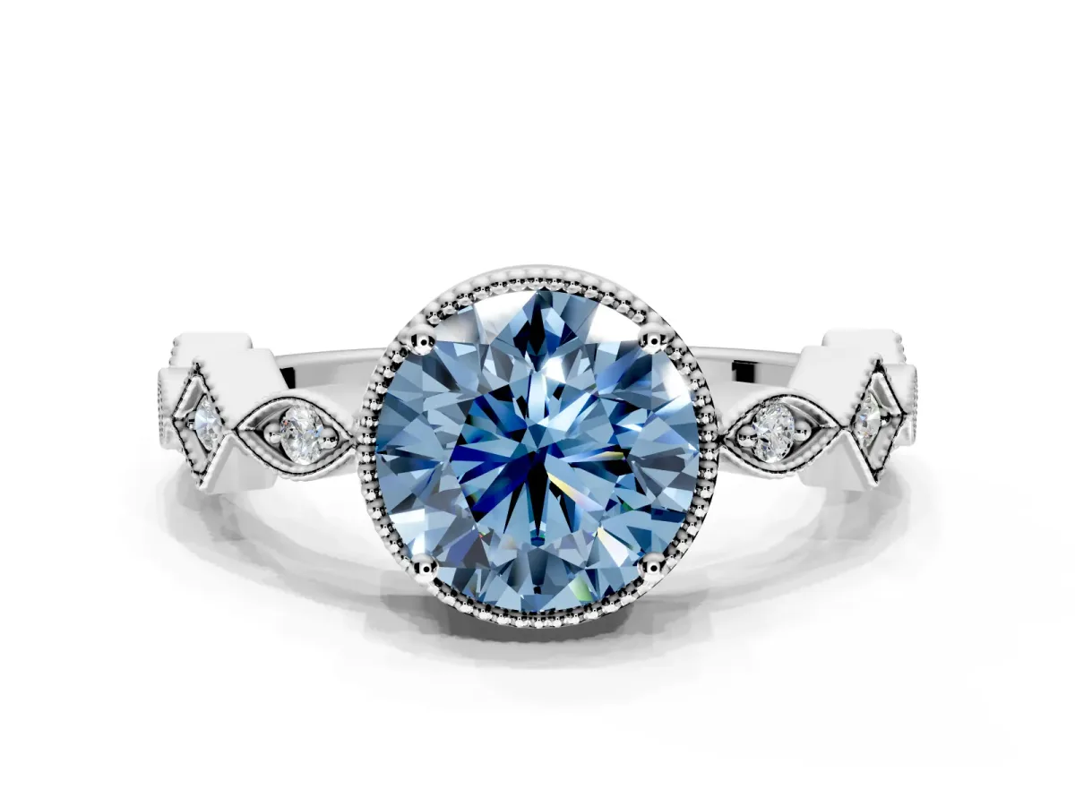 Milgrain Bezel Engagement Ring Setting for Fancy Blue Round Cut Center with Marquise Stations and Bezel Head in Platinum