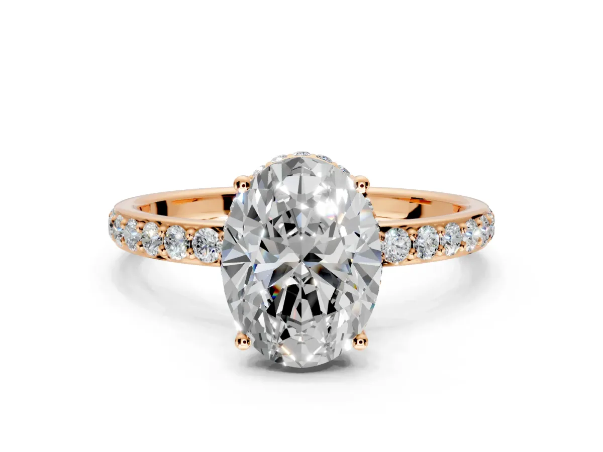 Hidden Halo Engagement Ring Setting for Oval Center with Pave Band and Prong Head in Rose Gold