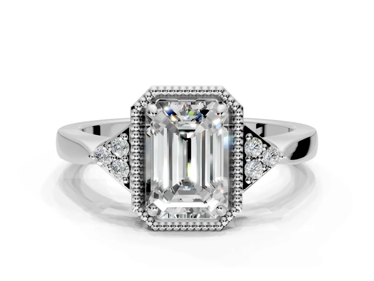 Cluster Engagement Ring Setting for Emerald Cut Center with Milgrain Shoulder Clusters and Prong Head in Sterling Silver