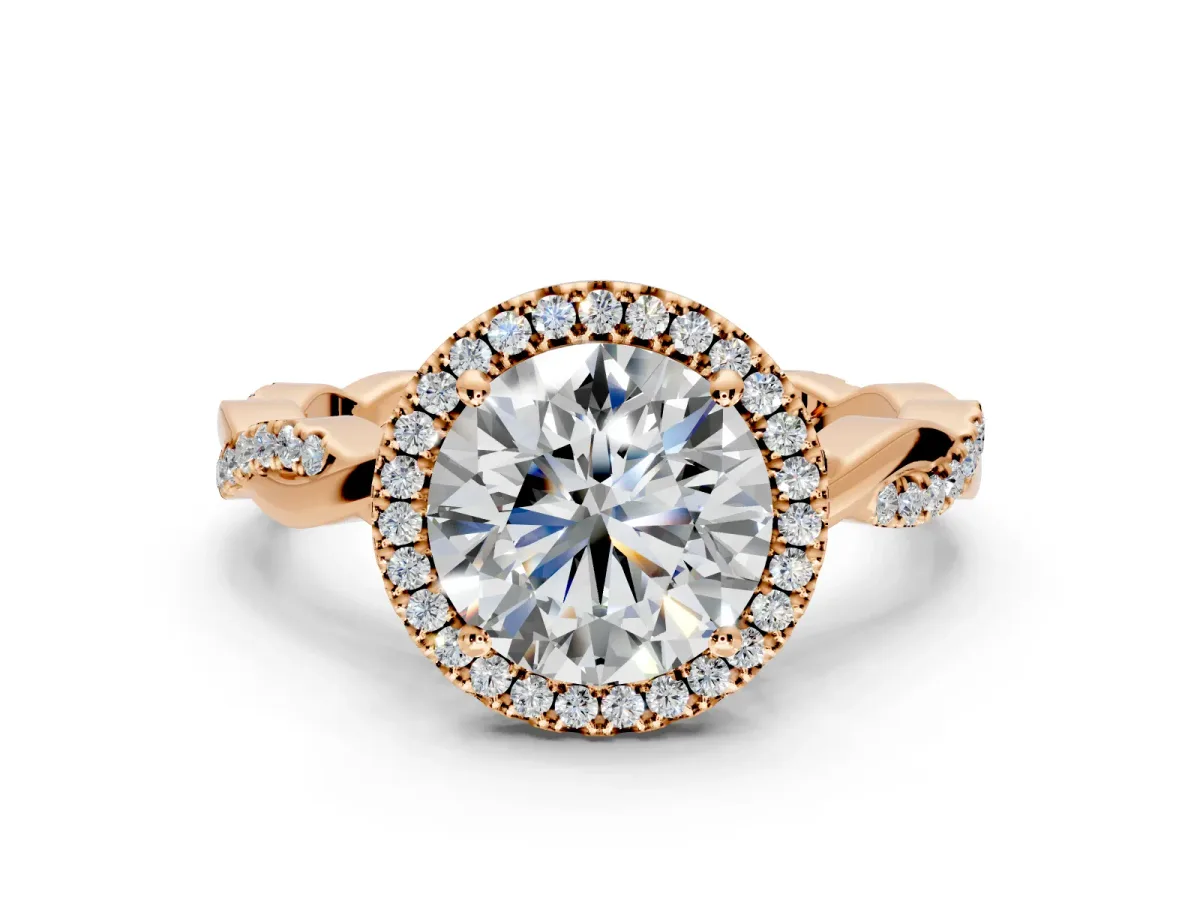 Halo Engagement Ring Setting for Round Cut Center with Pave and Plain Twist Band and Prong Head in Rose Gold
