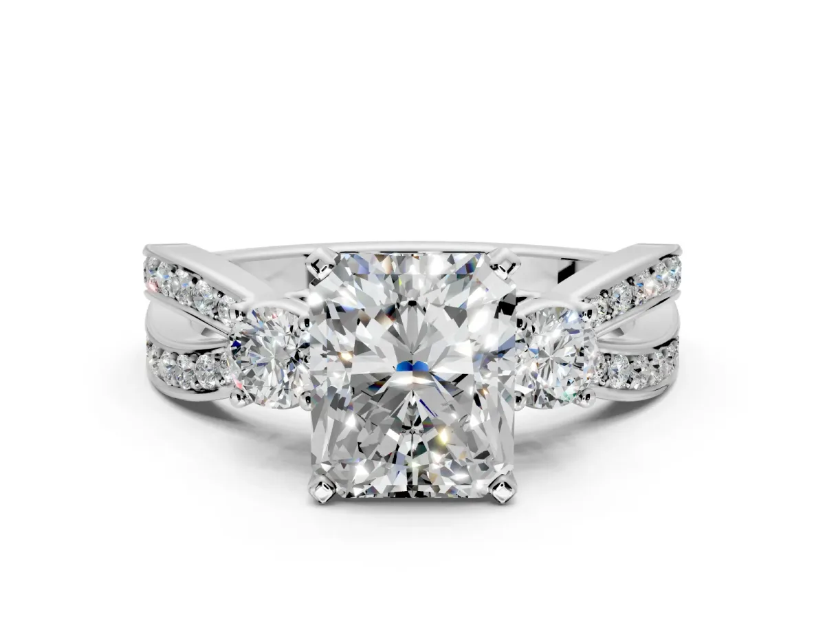 3 Stone Engagement Ring Setting for Radiant Cut Center with Pave Twist Band and Prong Head in White Gold