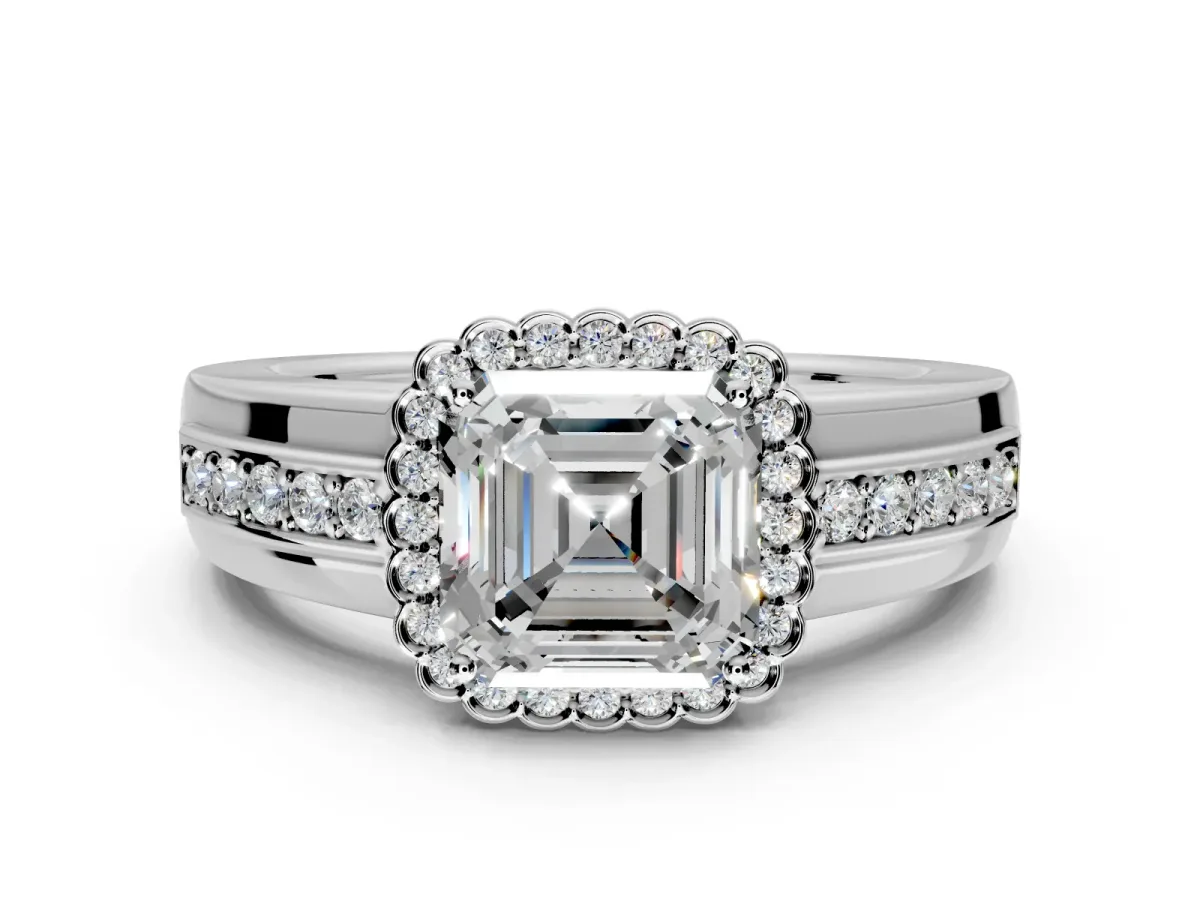 Halo Engagement Ring Setting for Asscher Cut Center with Wide Band, Inlaid Accent Row and Prong Head in Platinum