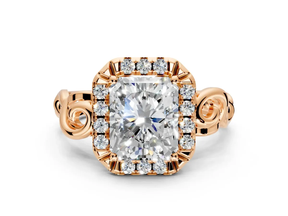 Halo Engagement Ring Setting for Radiant Cut Center with Open Scroll Shoulders and Prong Head in Rose Gold
