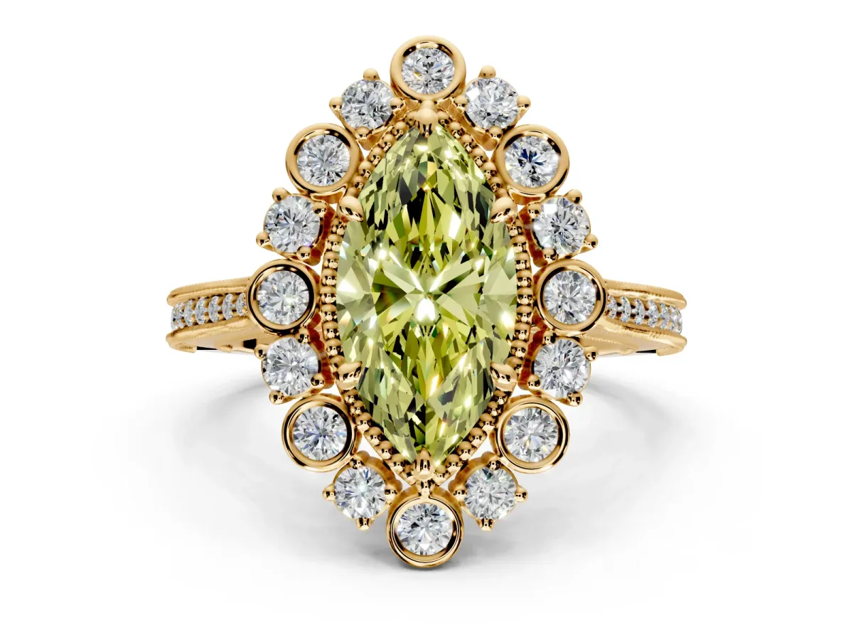Milgrain Halo Engagement Ring Setting for Fancy Yellow Marquise Center with Bezel Point Accents and Prong Head in Yellow Gold
