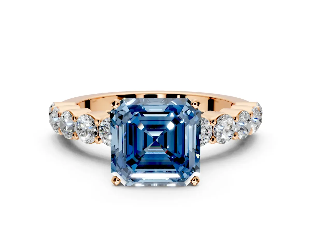 Shared-Prong Engagement Ring Setting for Fancy Blue Asscher Cut Center with Graduated Accents and Prong Head in Rose Gold