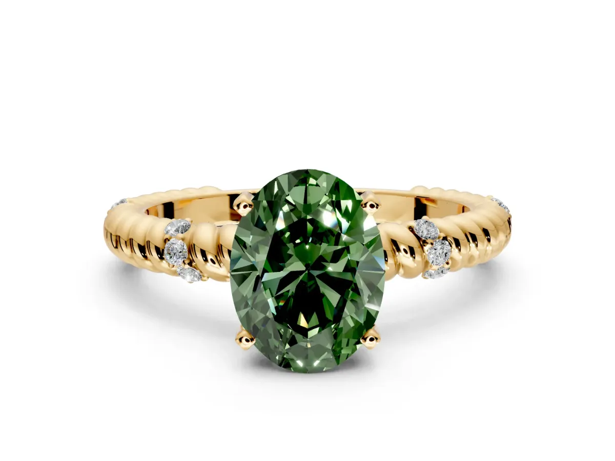 Rope Engagement Ring Setting for Fancy Green Oval Center with Accent Shoulders and Prong Head in Yellow Gold