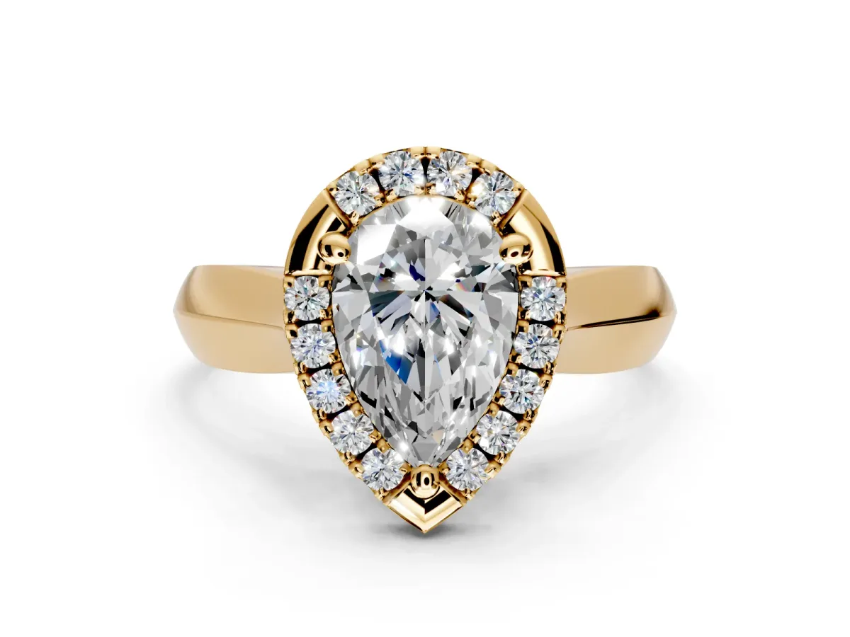 Halo Engagement Ring Setting for Pear-Shaped Center with Square Band and Prong Head in Yellow Gold