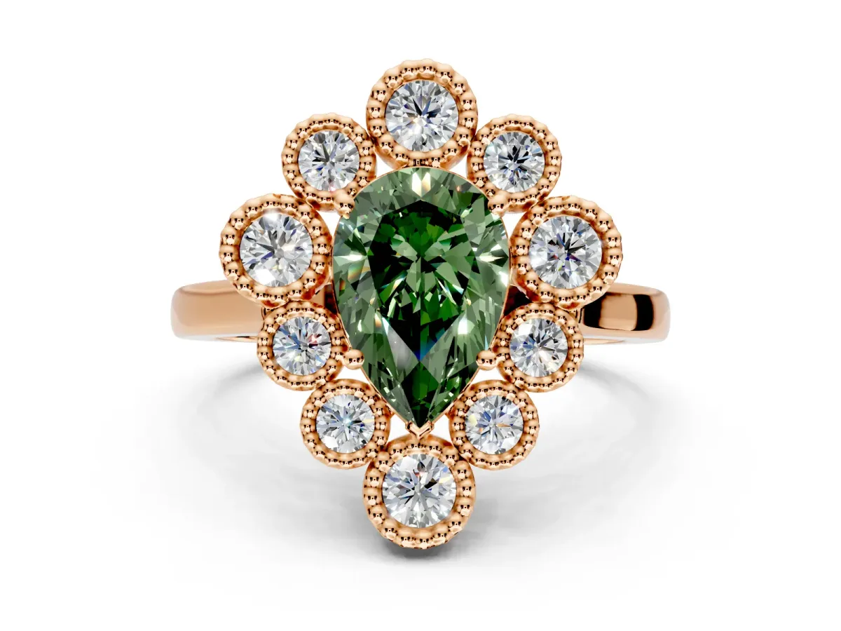 Cluster Halo Engagement Ring Setting for Fancy Green Pear-Shaped Center with Milgrain Bezel Accents and Prong Head in Rose Gold
