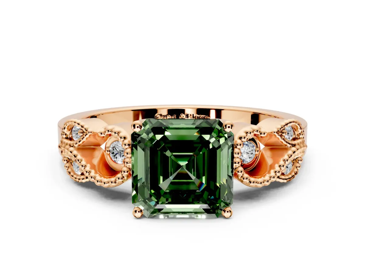 Leaf Engagement Ring Setting for Fancy Green Asscher Cut Center with Milgrain Accent Band and Prong Head in Rose Gold