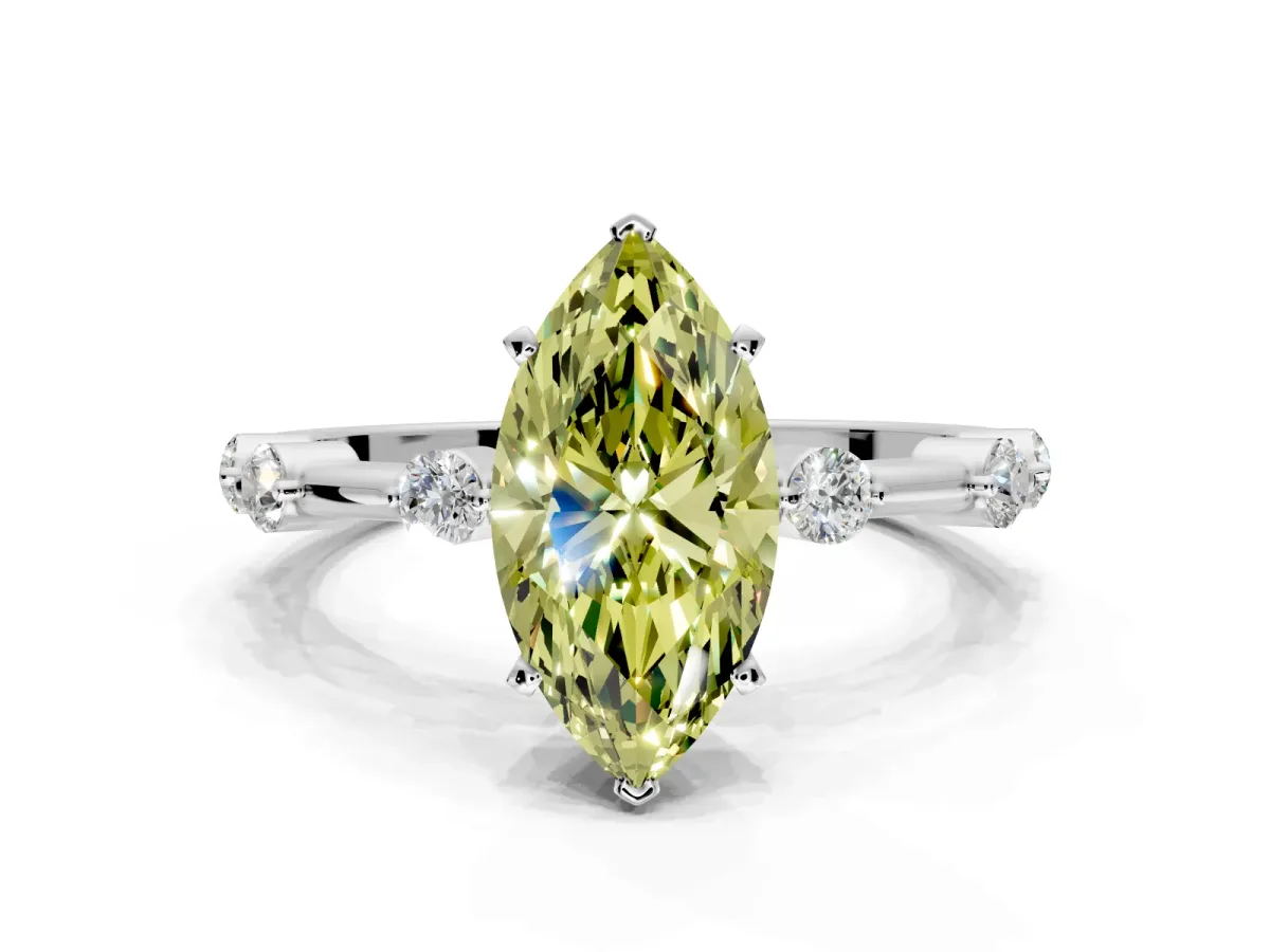 Solitaire Engagement Ring Setting for Fancy Yellow Marquise Center with Bezel Station Band and Prong Head in White Gold