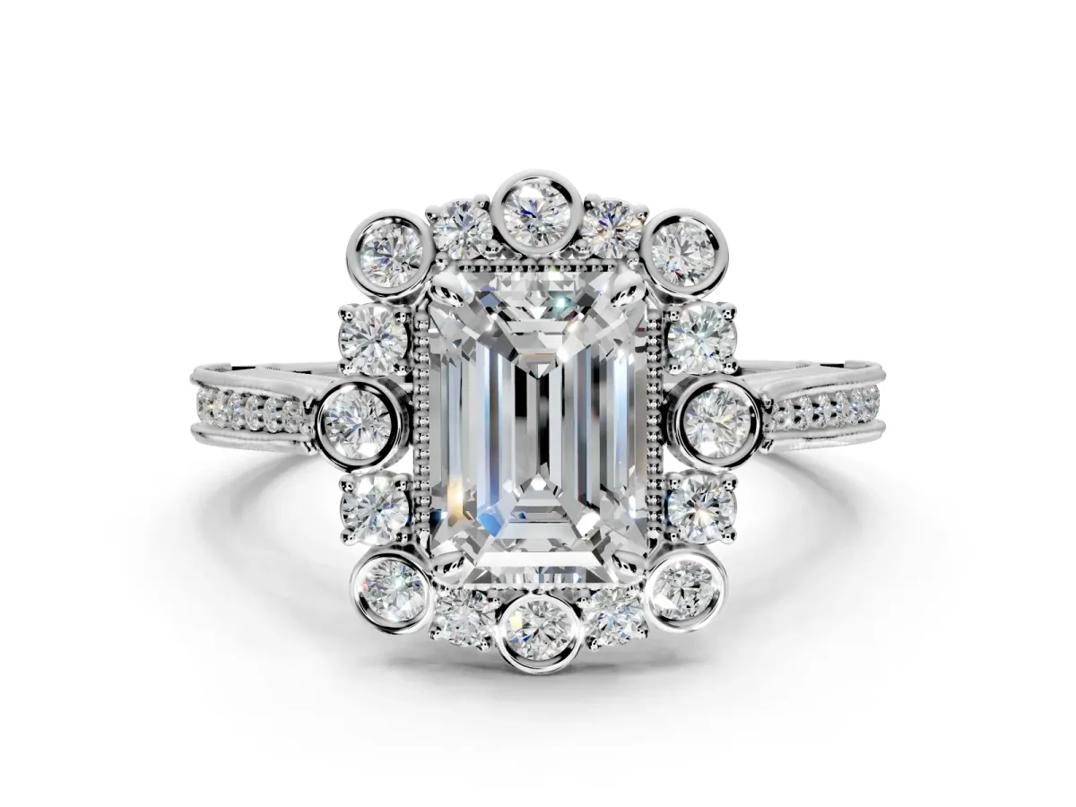 Milgrain Halo Engagement Ring Setting for Emerald Cut Center with Bezel Point Accents and Prong Head in Sterling Silver
