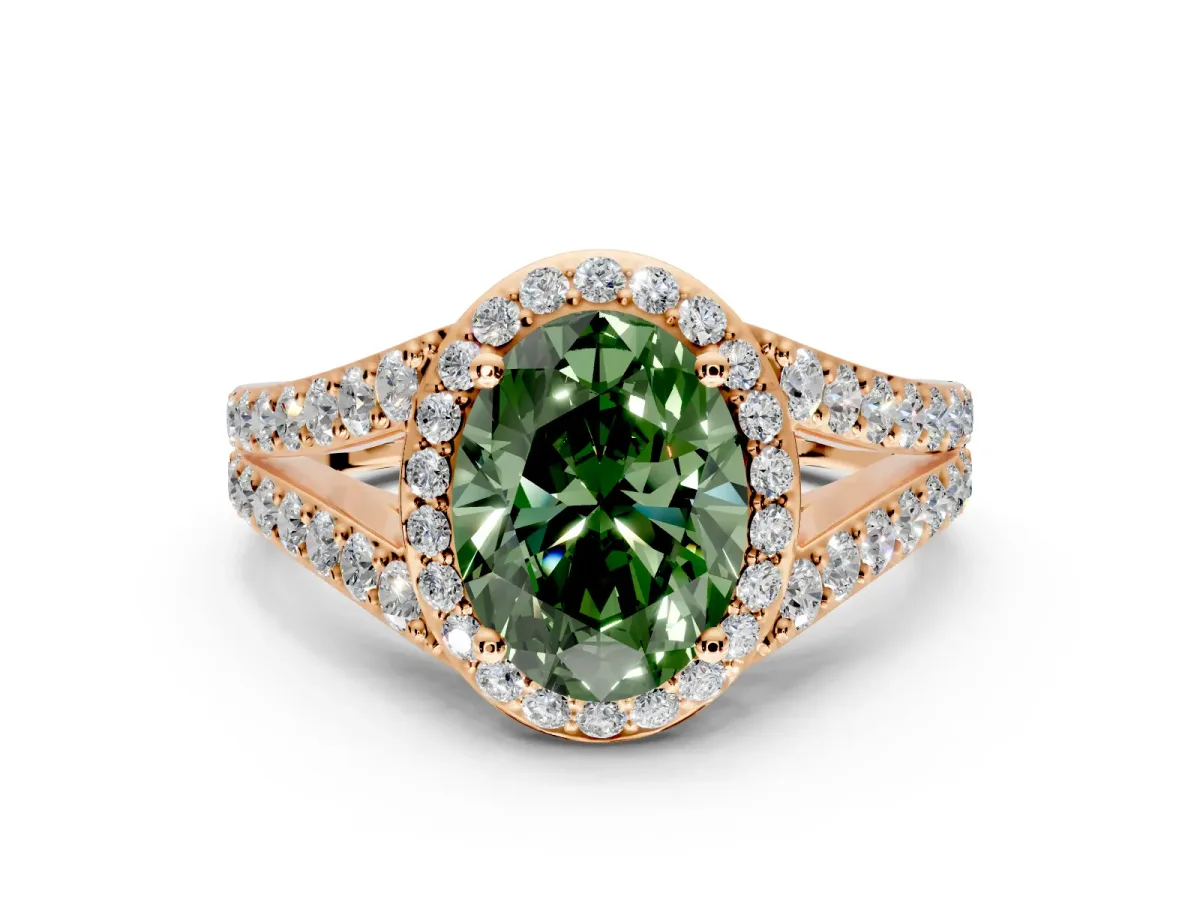 Halo Engagement Ring Setting for Fancy Green Oval Center with Narrow Pave Split Shank and Prong Head in Rose Gold