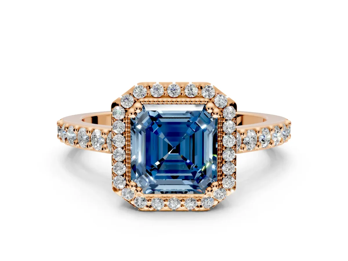 Halo Engagement Ring Setting for Fancy Blue Asscher Cut Center with Inner Milgrain Border and Prong Head in Rose Gold