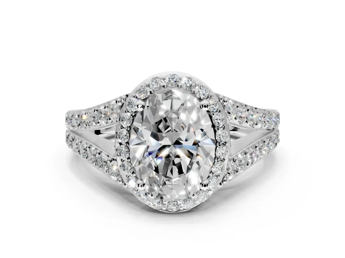 Halo Engagement Ring Setting for Oval Center with Narrow Pave Split Shank and Prong Head in Platinum