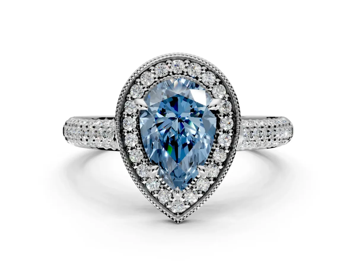 Milgrain Halo Engagement Ring Setting for Fancy Blue Pear-Shaped Center with Three-Sided Pave Band and Prong Head in Sterling Silver