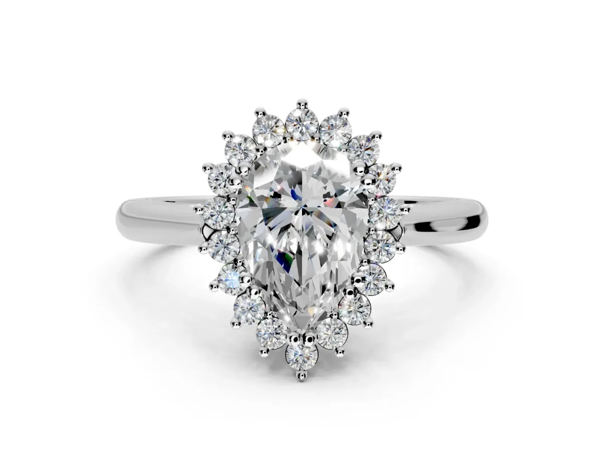 Starburst Halo Engagement Ring Setting for Pear-Shaped Center with Thin Round-Wire Band and Prong Head in White Gold