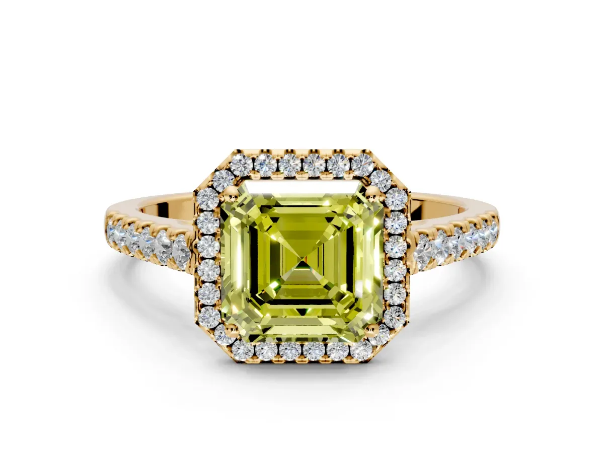 Halo Engagement Ring Setting for Fancy Yellow Asscher Cut Center with Narrowing Pave Band and Prong Head in Yellow Gold
