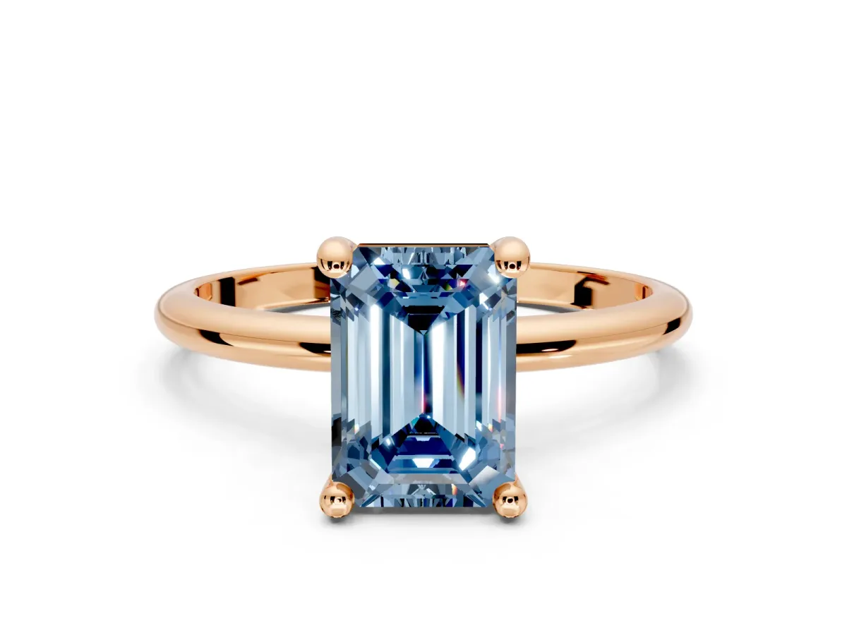 Minimalist Solitaire Engagement Ring Setting for Fancy Blue Emerald Cut Center with Thin Band and Prong Head in Rose Gold