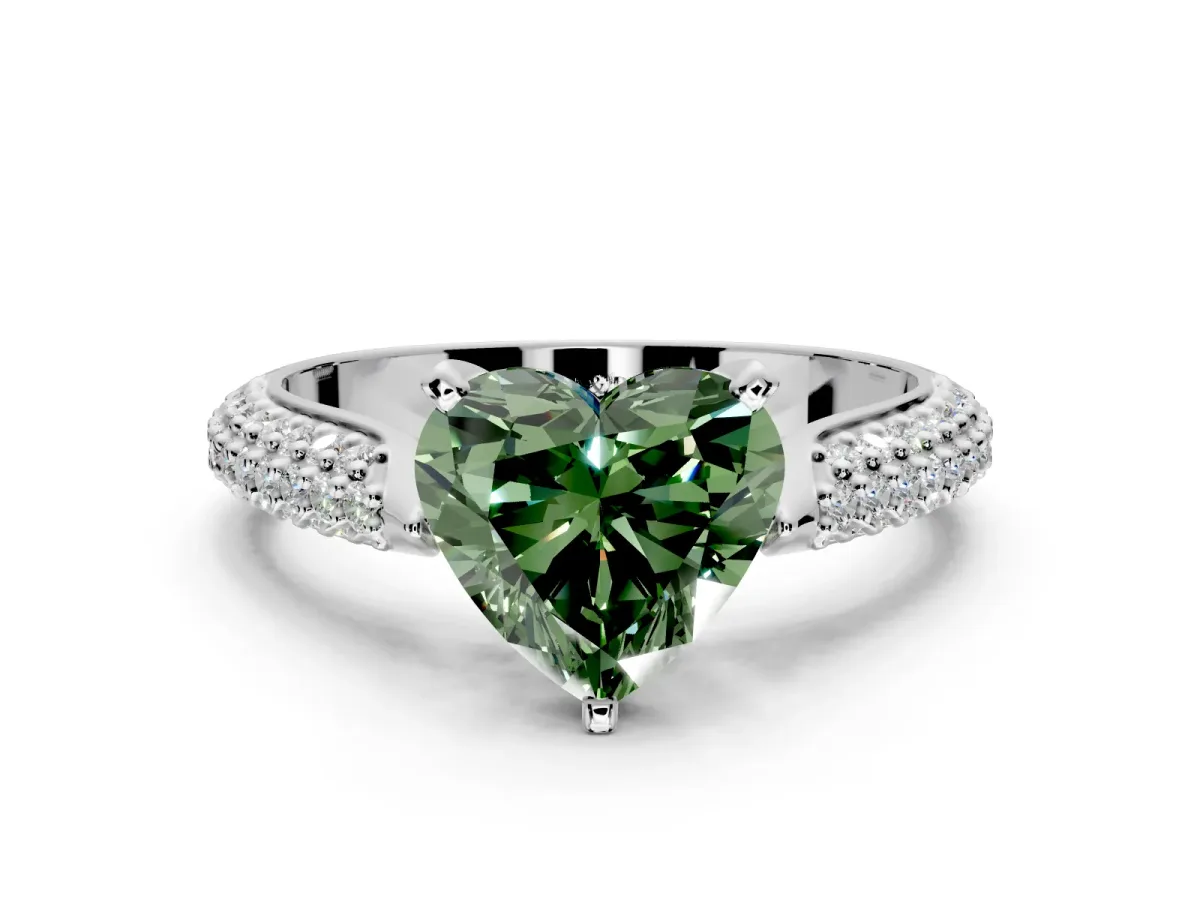 Solitaire Engagement Ring Setting for Fancy Green Heart-Shaped Center with Multi-Row Accents and Prong Head in Platinum