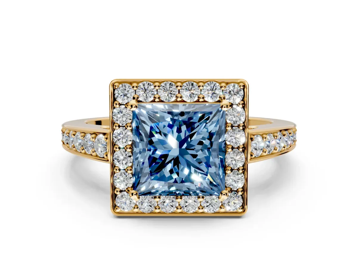 Bezel-Framed Halo Engagement Ring Setting for Fancy Blue Princess Cut Center with Pave Band and Prong Head in Yellow Gold