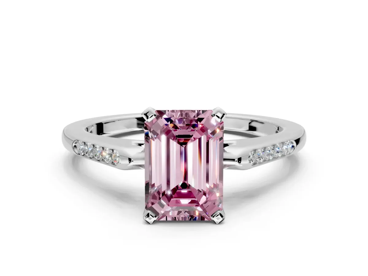 Solitaire Engagement Ring Setting for Fancy Pink Emerald Cut Center with Channel Accents and Prong Head in Platinum