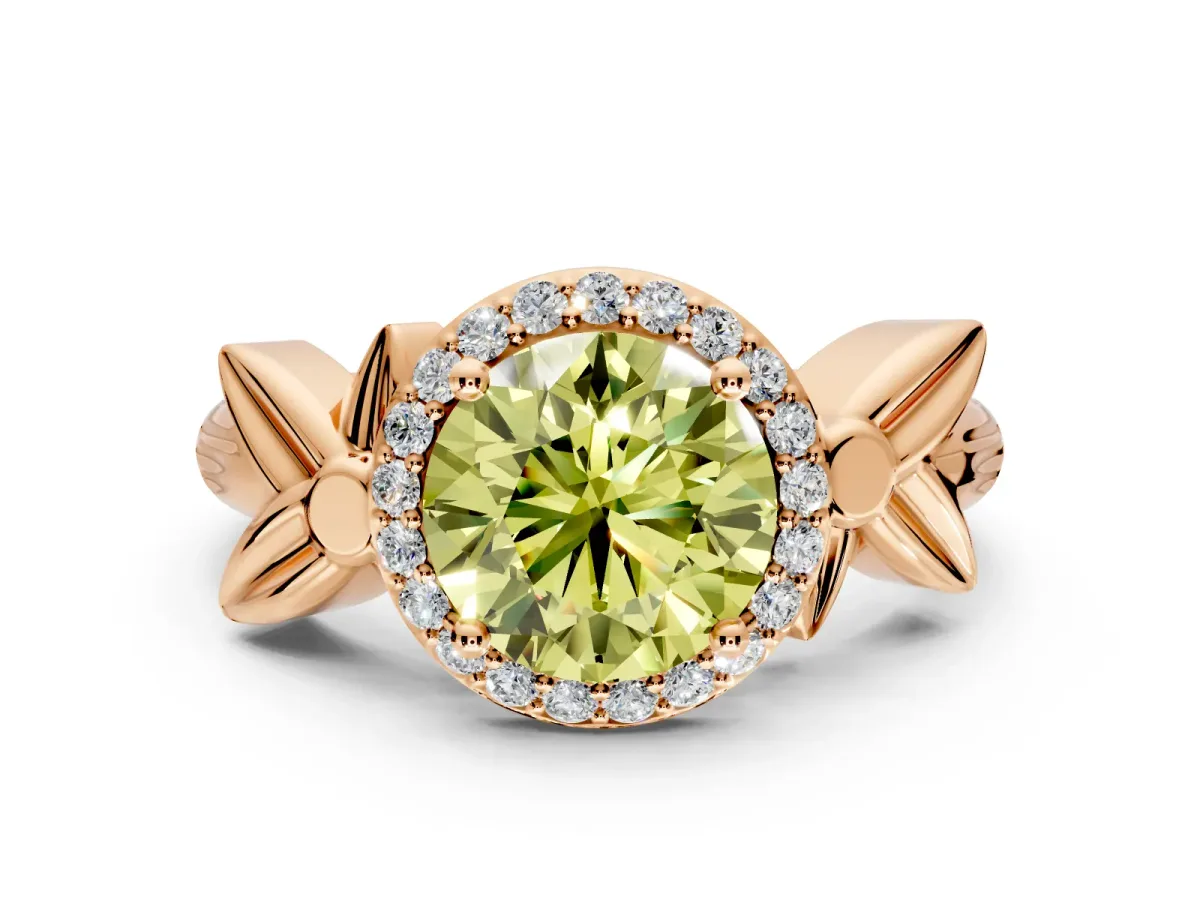 Halo Engagement Ring Setting for Fancy Yellow Round Cut Center with Floral Band and Prong Head in Rose Gold