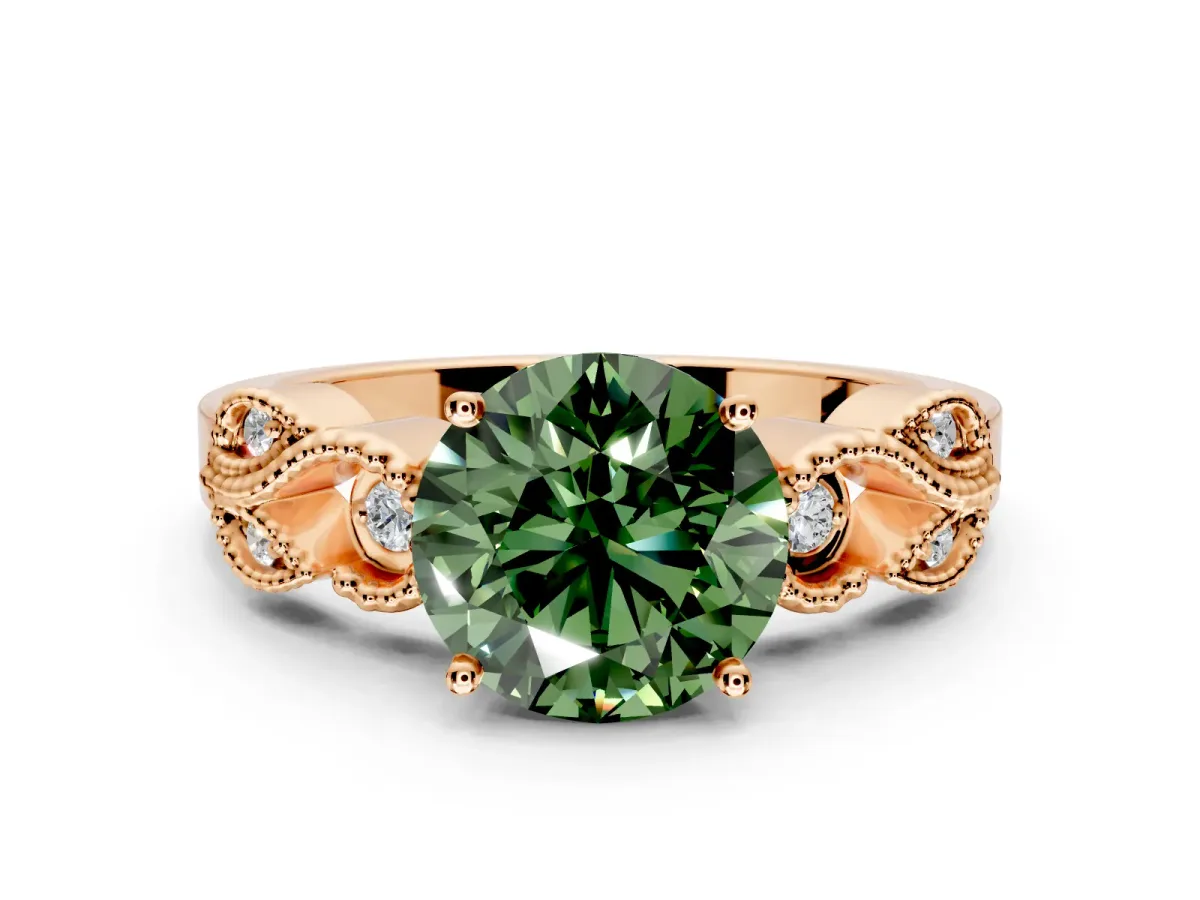 Leaf Engagement Ring Setting for Fancy Green Round Cut Center with Milgrain Accent Band and Prong Head in Rose Gold