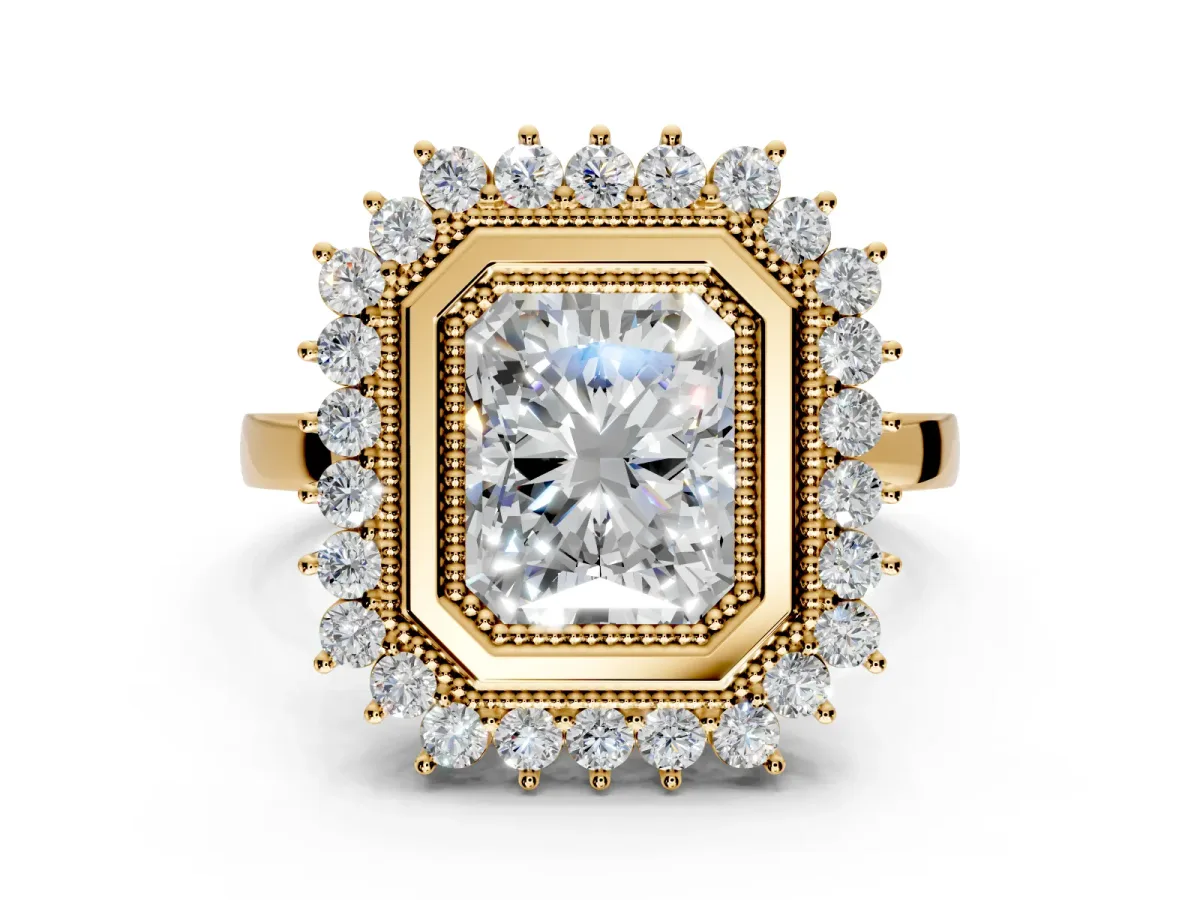Halo Engagement Ring Setting for Radiant Cut Center with Milgrain Bezel Rim, Plain Band and Prong Head in Yellow Gold