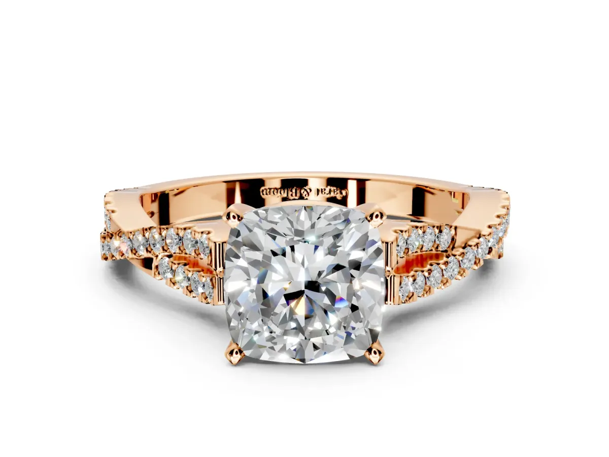 Solitaire Engagement Ring Setting for Cushion Cut Center with Twisted Pave Split Shank and Prong Head in Rose Gold
