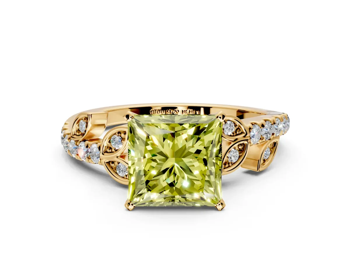 Leaf Motif Engagement Ring Setting for Fancy Yellow Princess Cut Center with Pave Band and Prong Head in Yellow Gold