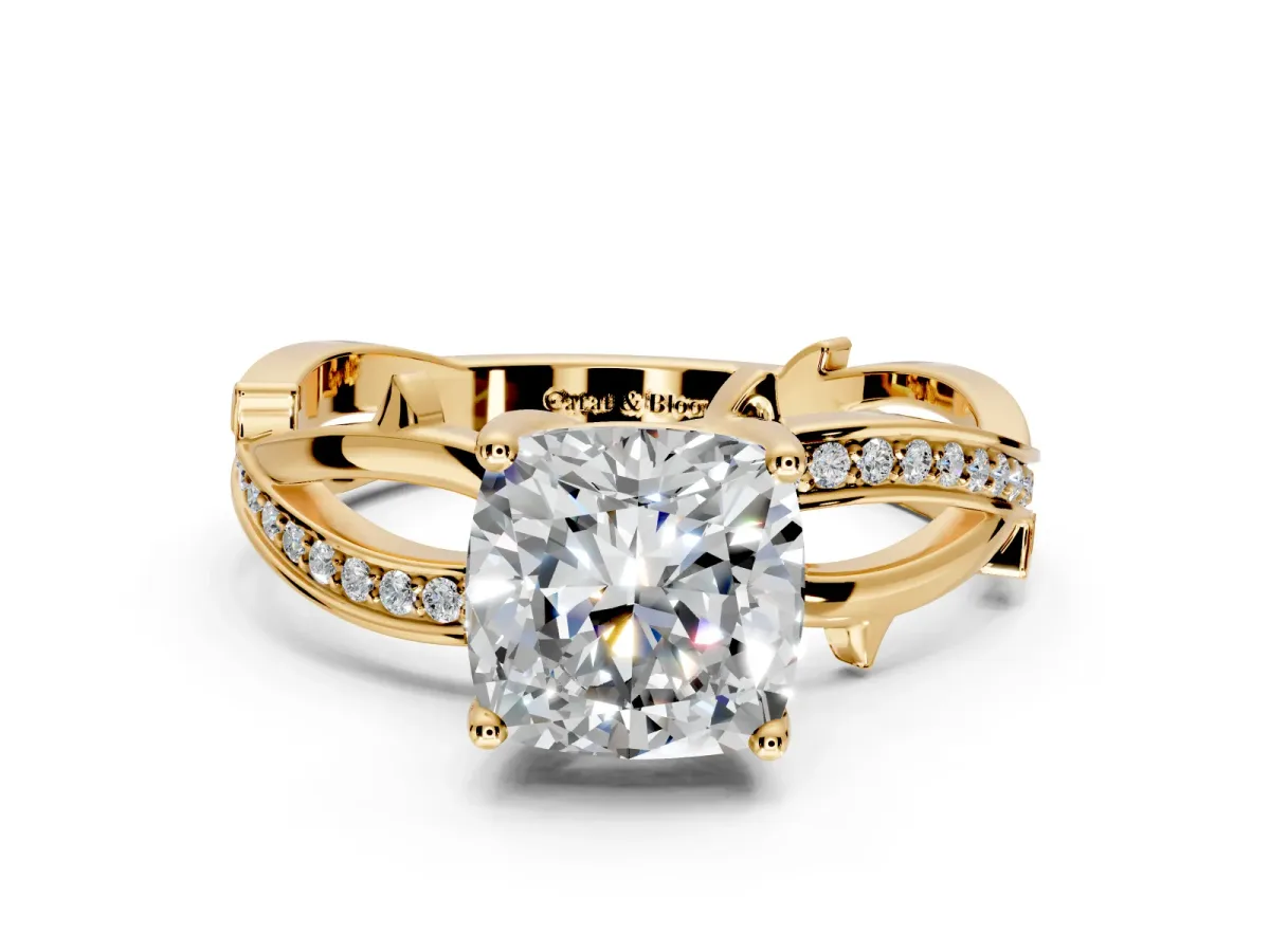 Solitaire Engagement Ring Setting for Cushion Cut Center with Pave and Plain Crossover Band and Prong Head in Yellow Gold