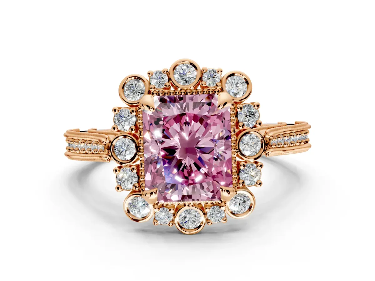 Milgrain Halo Engagement Ring Setting for Fancy Pink Radiant Cut Center with Bezel Point Accents and Prong Head in Rose Gold