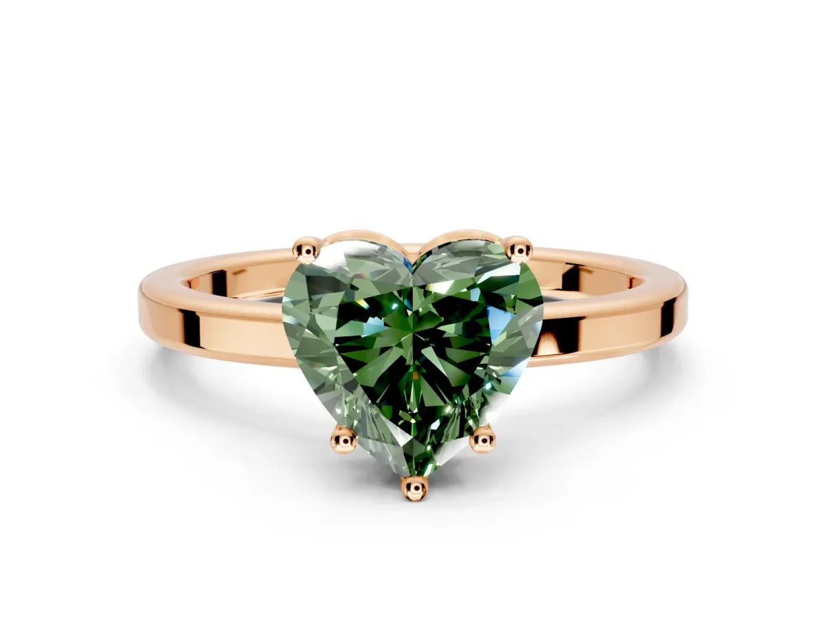 Hidden Halo Engagement Ring Setting for Fancy Green Heart-Shaped Center with Wide Flat Plain Band and Prong Head in Rose Gold