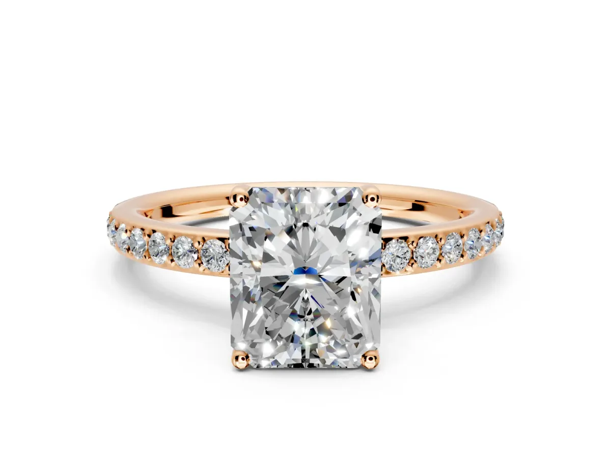 Solitaire Engagement Ring Setting for Radiant Cut Center with Fine Pave Band and Prong Head in Rose Gold