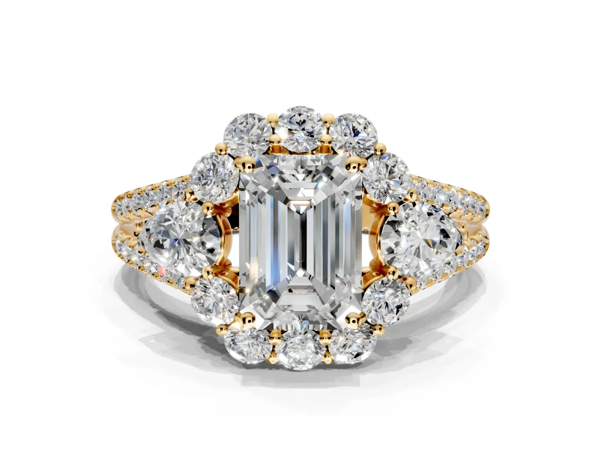 Halo Engagement Ring Setting for Emerald Cut Center with Two-Strand Split Shank and Prong Head in Yellow Gold