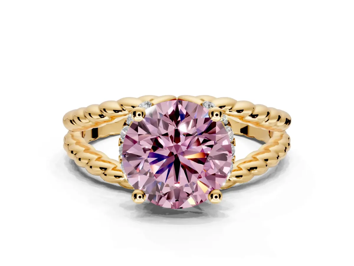 Halo Engagement Ring Setting for Fancy Pink Round Cut Center with Rope Twist Split Shank and Prong Head in Yellow Gold