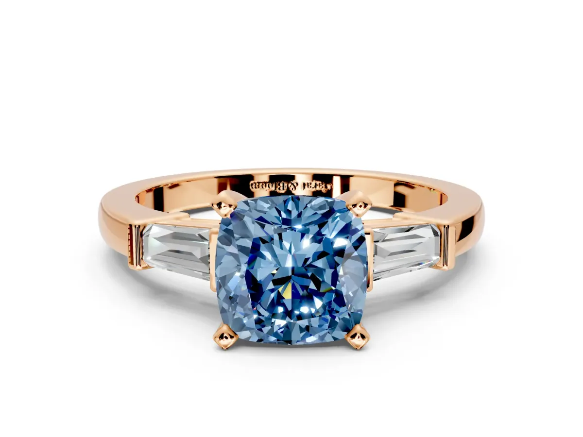 3 Stone Engagement Ring Setting for Fancy Blue Cushion Cut Center with Channel Baguette Accents and Prong Head in Rose Gold