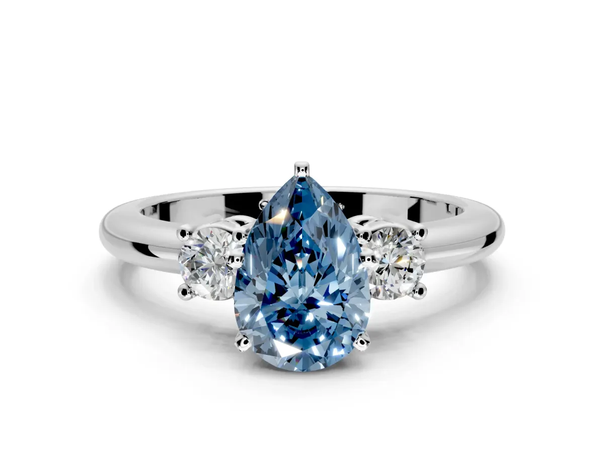 3 Stone Engagement Ring Setting for Fancy Blue Pear-Shaped Center with Wide Plain Band and Prong Head in Sterling Silver