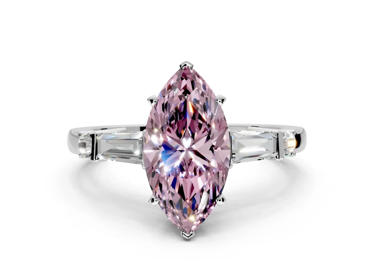 Bar-Set Engagement Ring Setting for Fancy Pink Marquise Center with Tapered Baguette Accents and Prong Head in White Gold