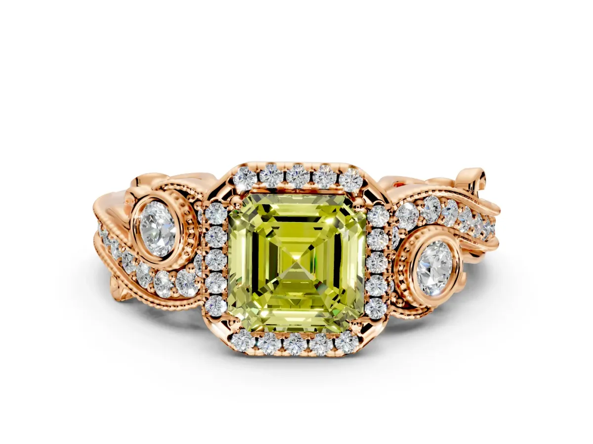 Milgrain Halo Engagement Ring Setting for Fancy Yellow Asscher Cut Center with Shoulder Bezels and Prong Head in Rose Gold