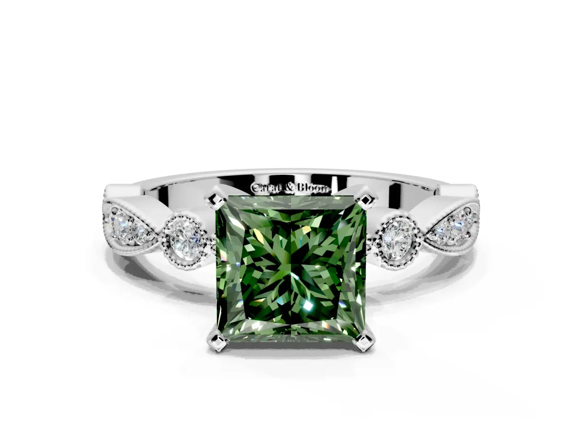 Solitaire Engagement Ring Setting for Fancy Green Princess Cut Center with Milgrain Bezel Accents and Prong Head in White Gold