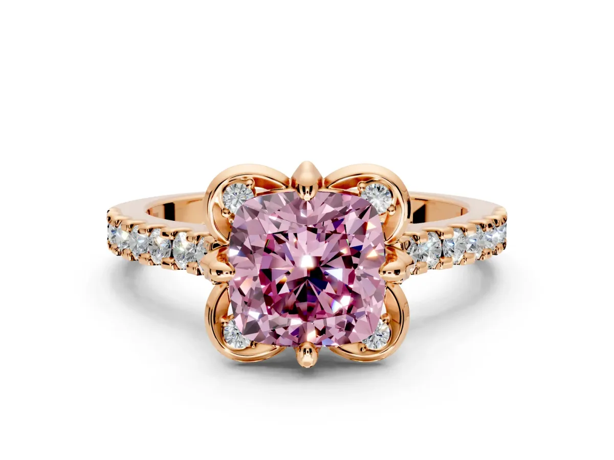 Floral Engagement Ring Setting for Fancy Pink Cushion Cut Center with Pave Band and Floral Prong Head in Rose Gold