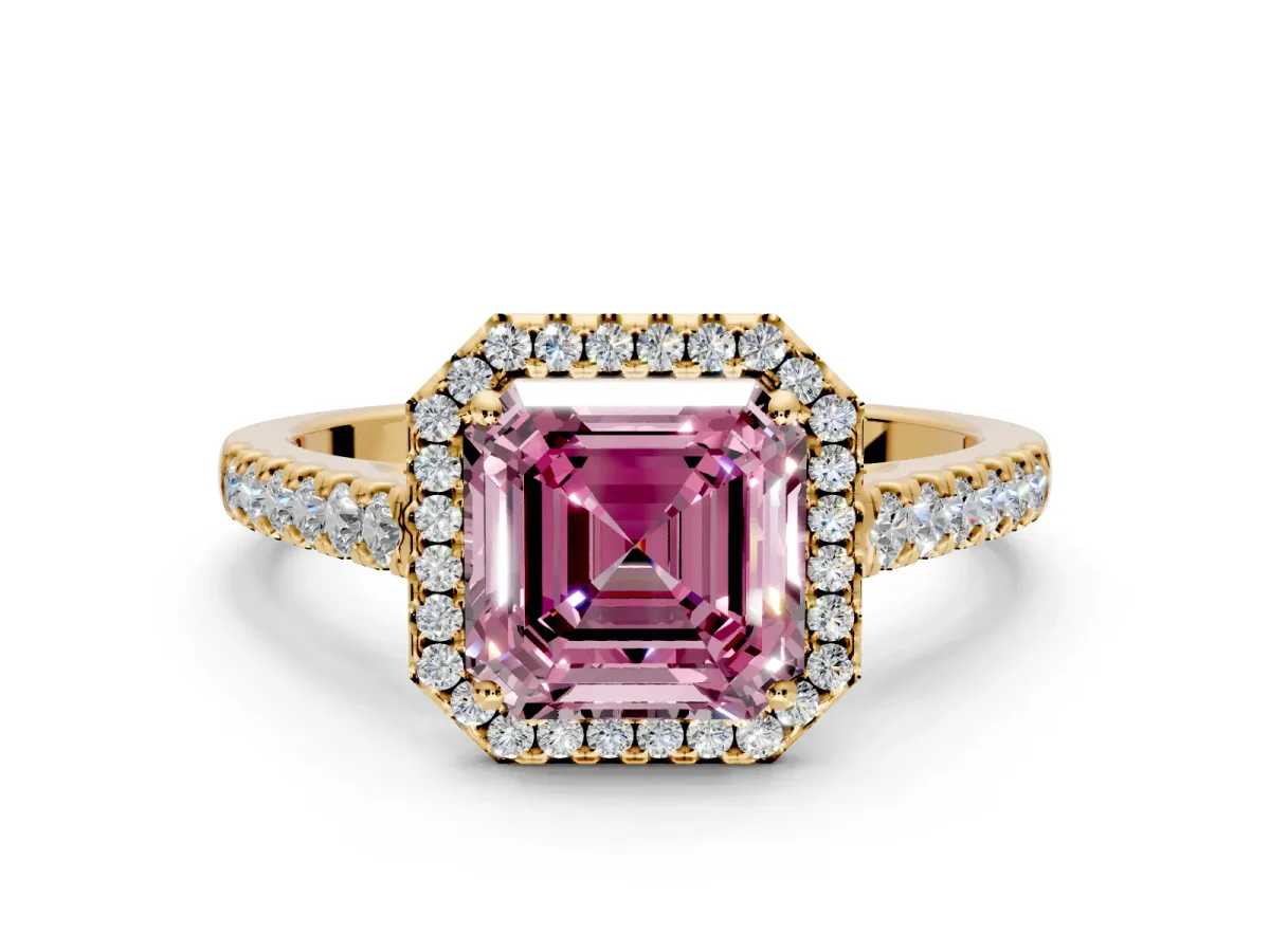 Halo Engagement Ring Setting for Fancy Pink Asscher Cut Center with Narrowing Pave Band and Prong Head in Yellow Gold
