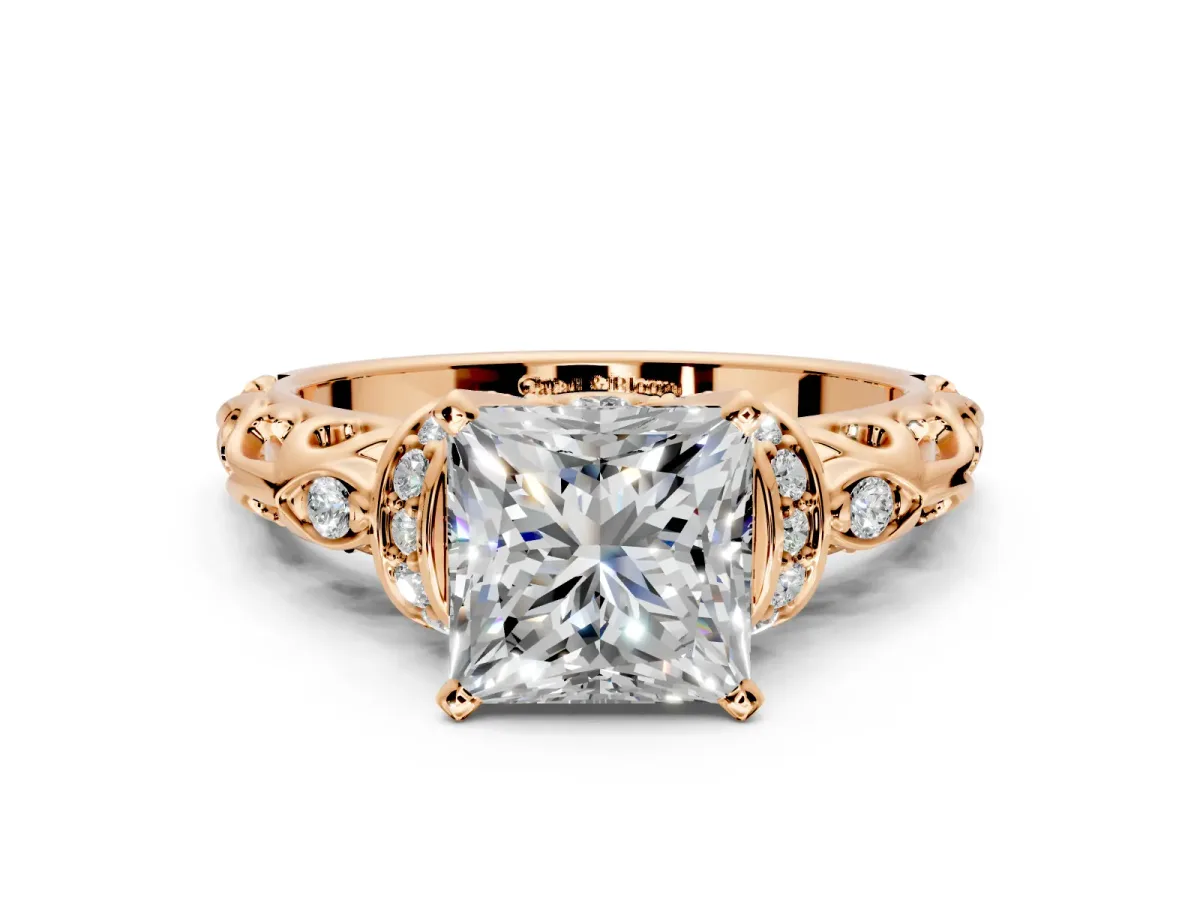 Solitaire Engagement Ring Setting for Princess Cut Center with Filigree Band and Prong Head in Rose Gold