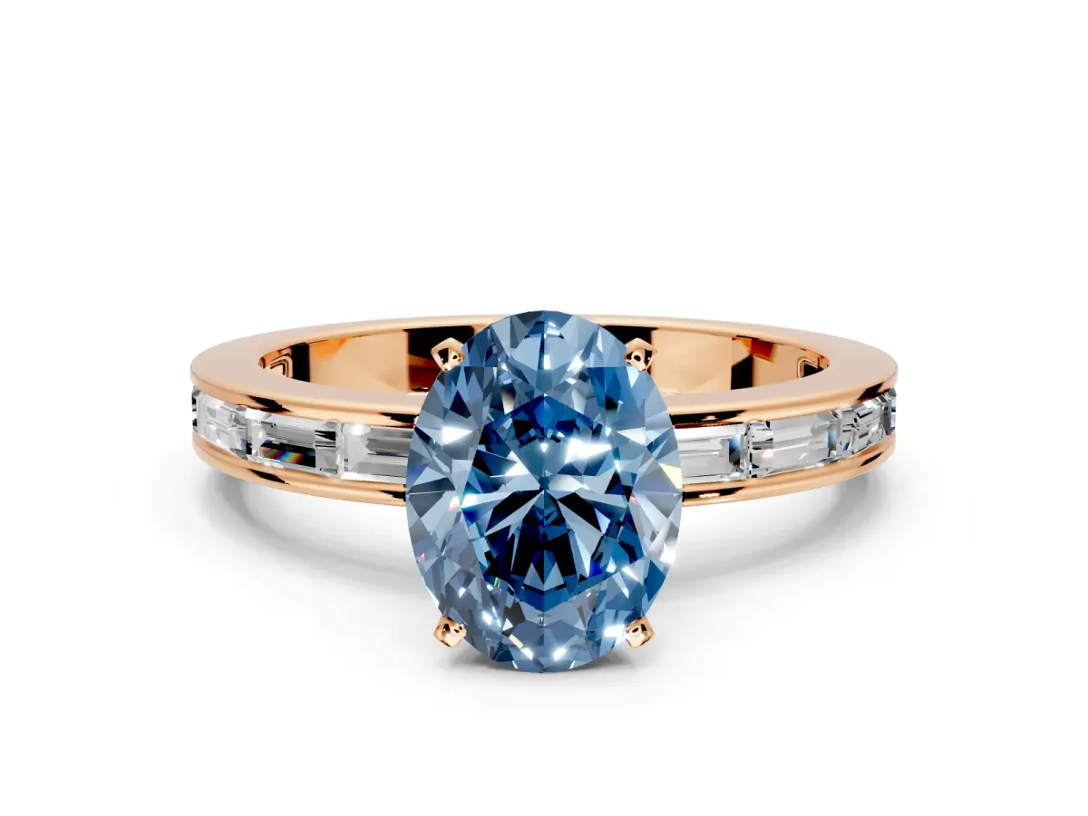 Solitaire Engagement Ring Setting for Fancy Blue Oval Center with Channel Baguette Band and Prong Head in Rose Gold